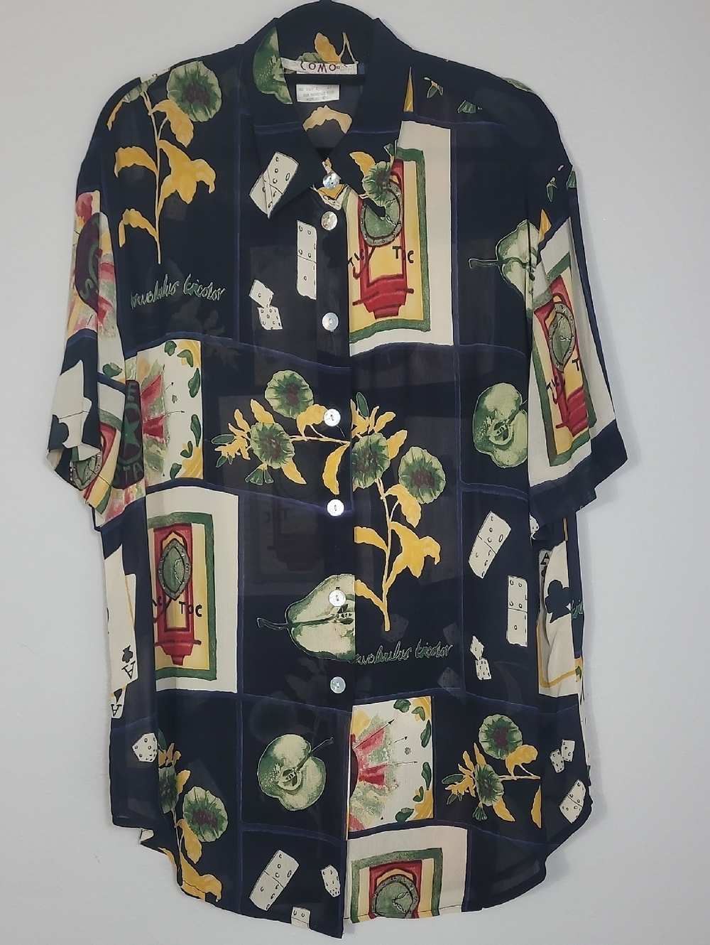 Vintage Como Wearable Art Button Up Shirt Size L Sunflowers Clocks Rayon Artsy